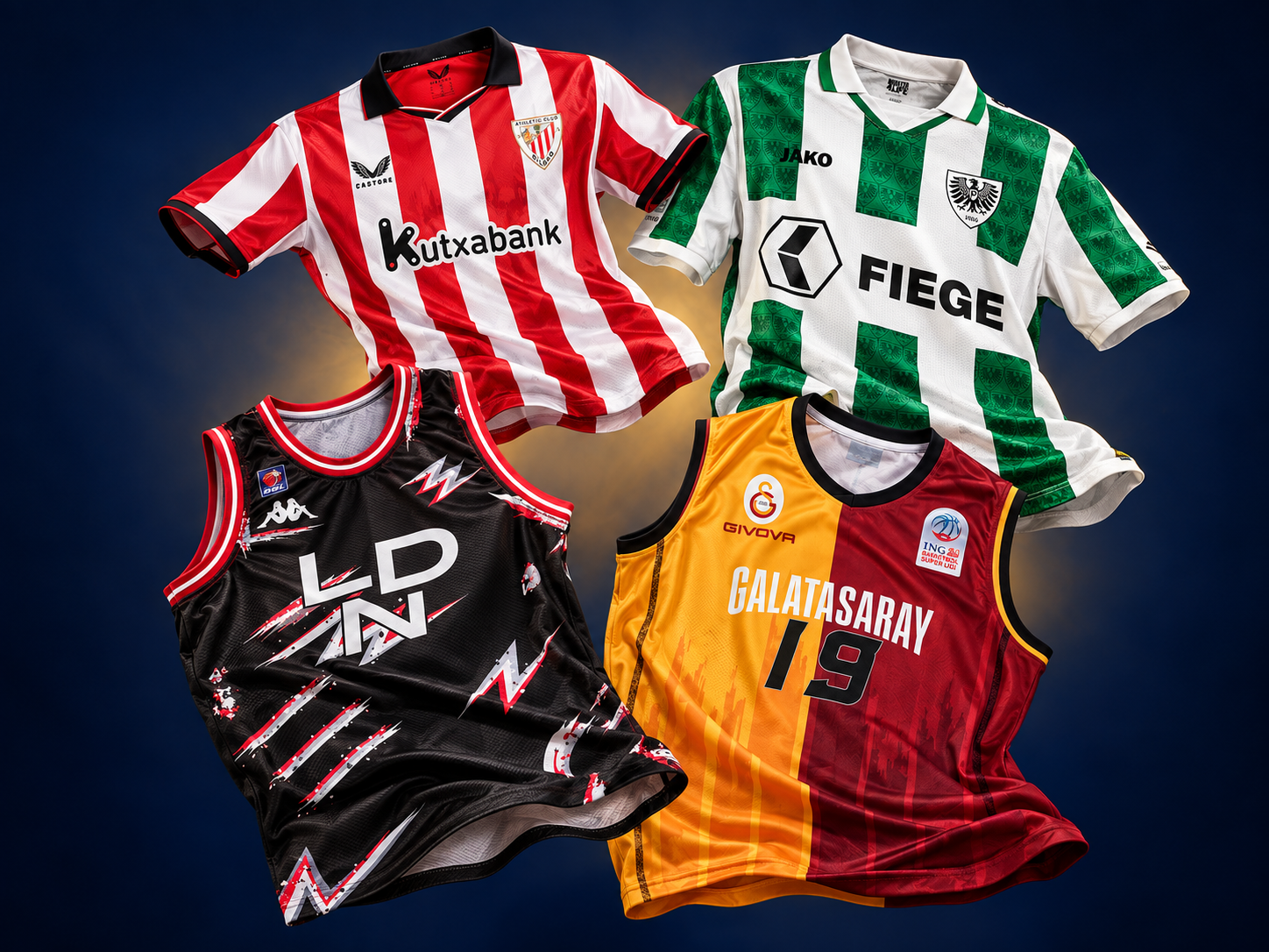 Athletic Bilbao and Preussen Muenster soccer shirts with London Lions and Galatasaray basketball jerseys
